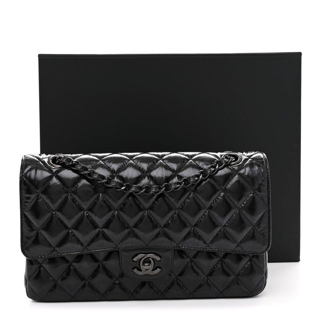Shiny Crumpled Calfskin Quilted Medium Double Flap So Black