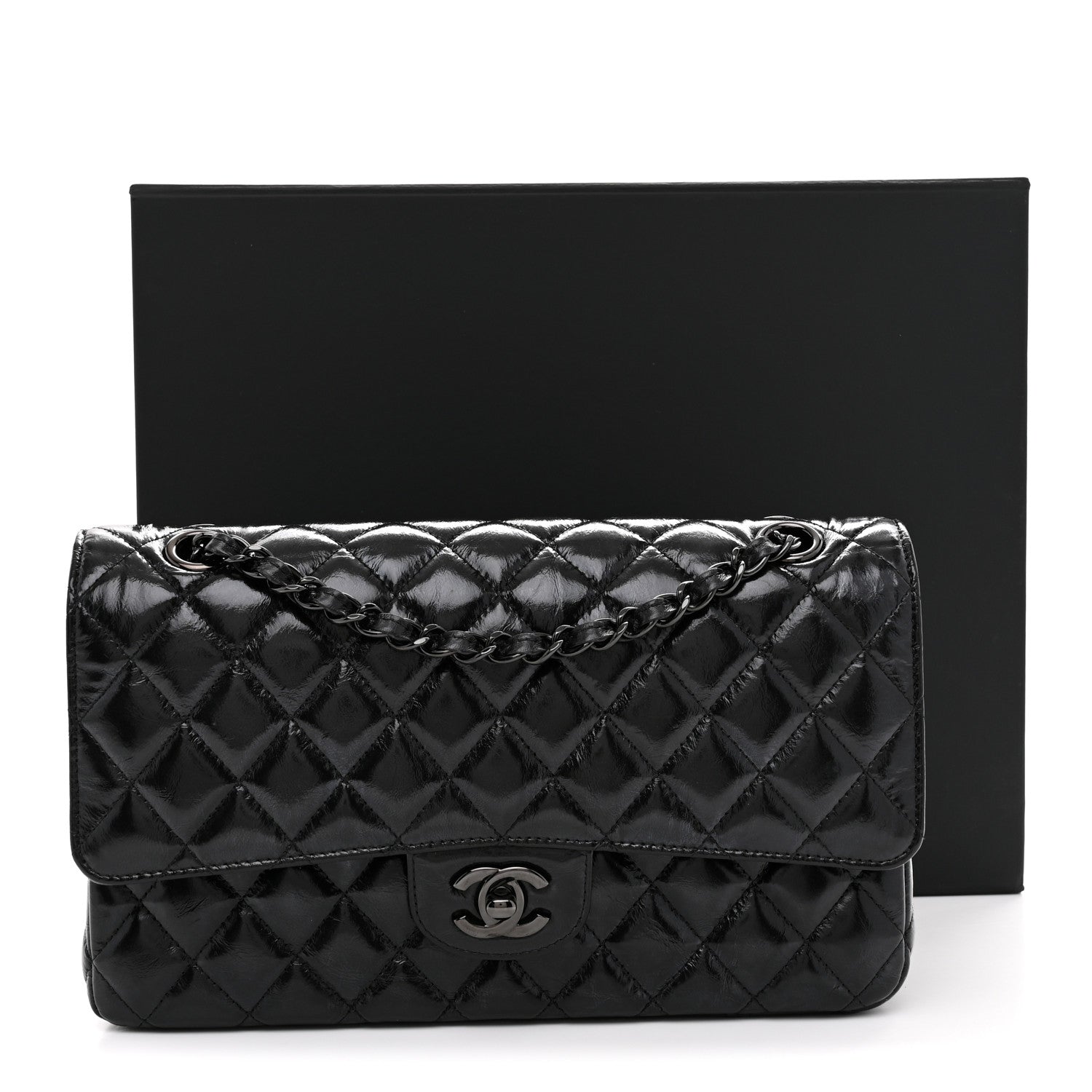 Shiny Crumpled Calfskin Quilted Medium Double Flap So Black