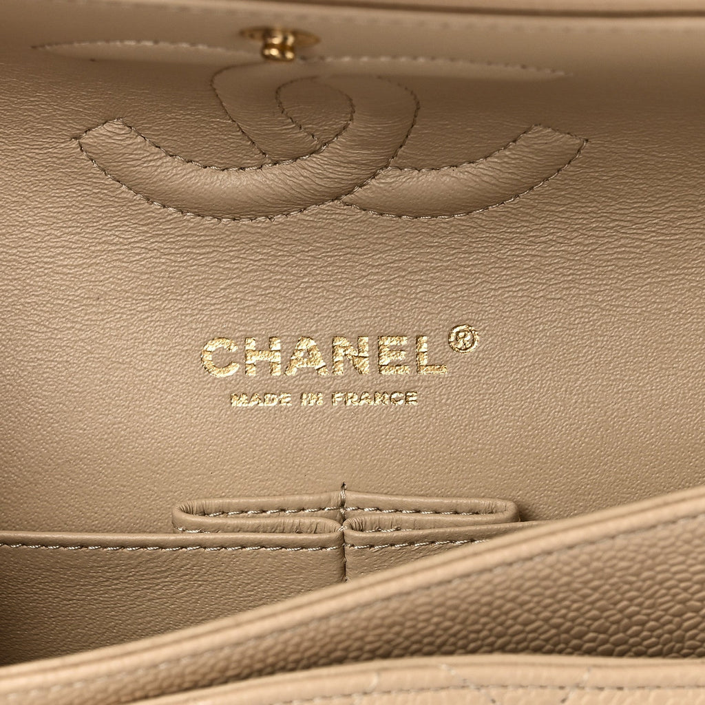 Caviar Quilted Medium Double Flap Beige