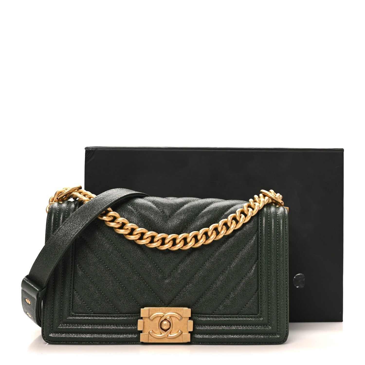 Caviar Chevron Quilted Medium Boy Flap Dark Green