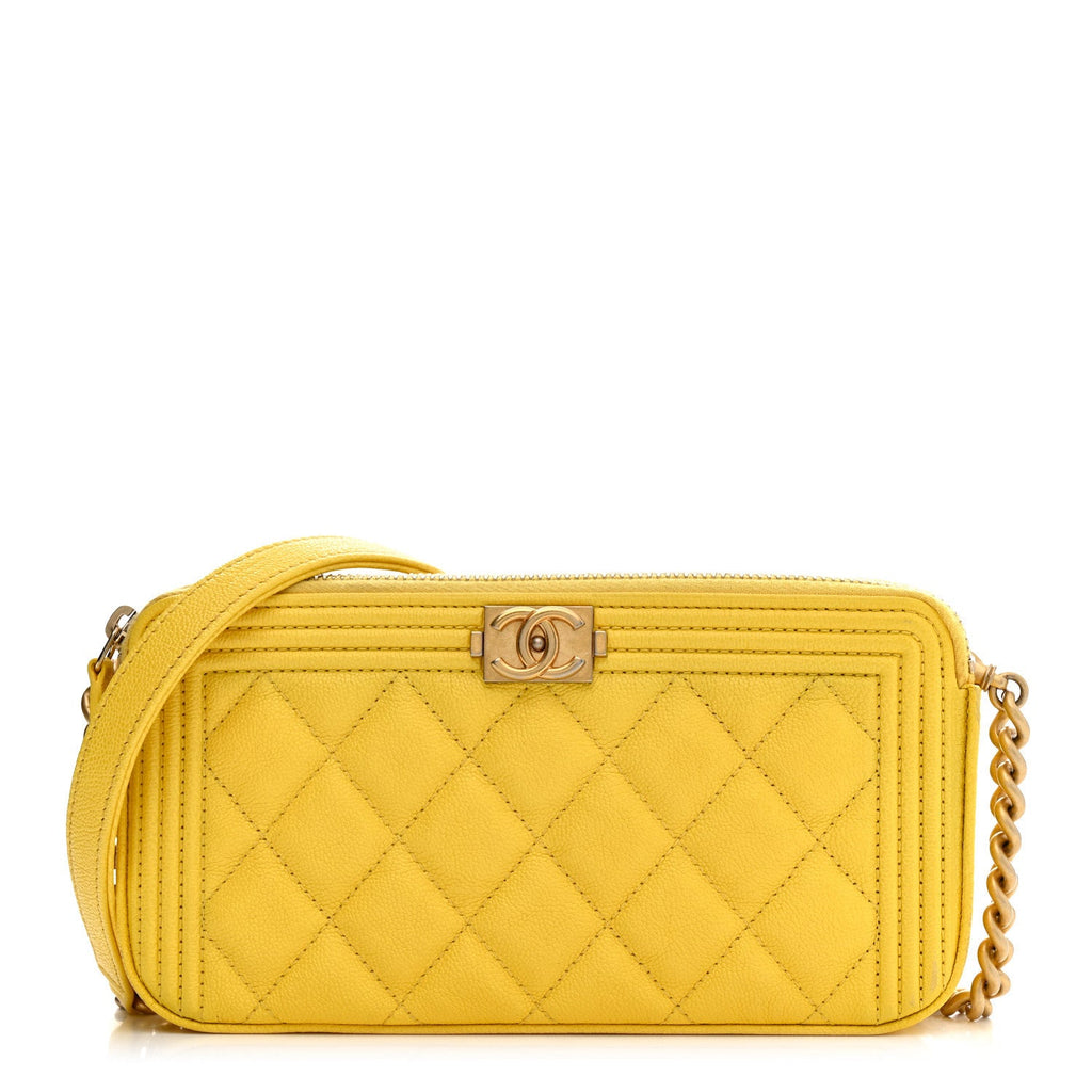 Caviar Quilted Small Boy Clutch With Chain Yellow