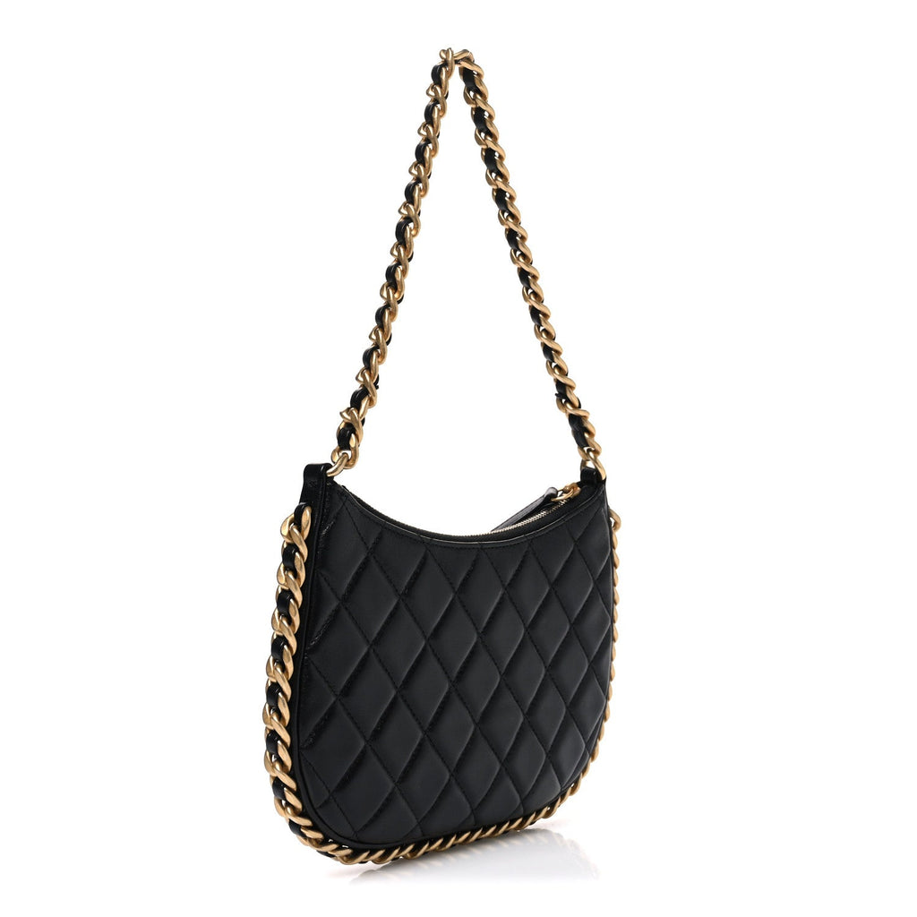 Shiny Crumpled Lambskin Quilted Trendy Chain Around Hobo Black