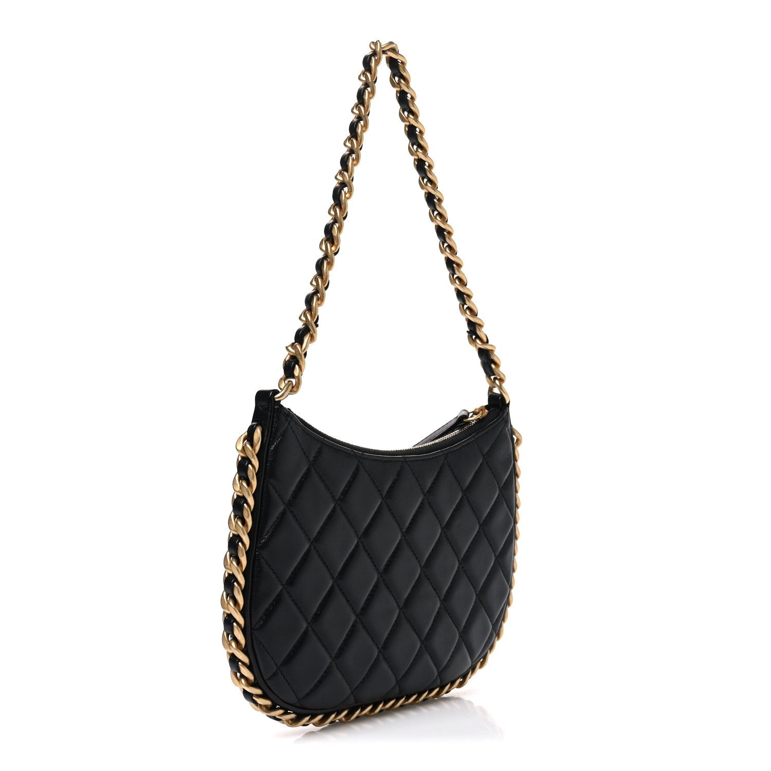 Shiny Crumpled Lambskin Quilted Trendy Chain Around Hobo Black