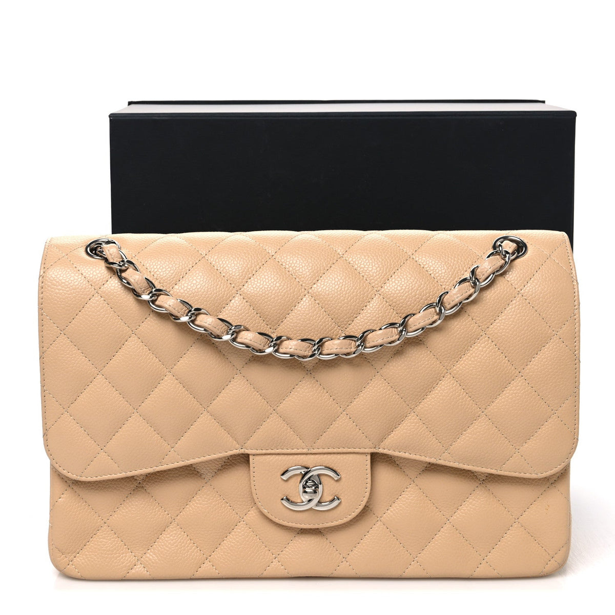 Caviar Quilted Jumbo Double Flap Beige