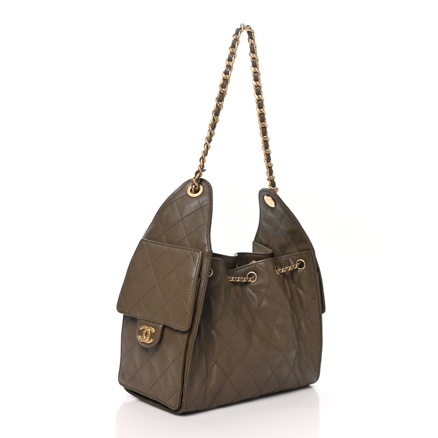 Caviar Quilted Small Chanel 25 Handbag Dark Khaki
