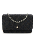 Denim Quilted CC Turnlock Wallet On Chain WOC Dark Blue Orange