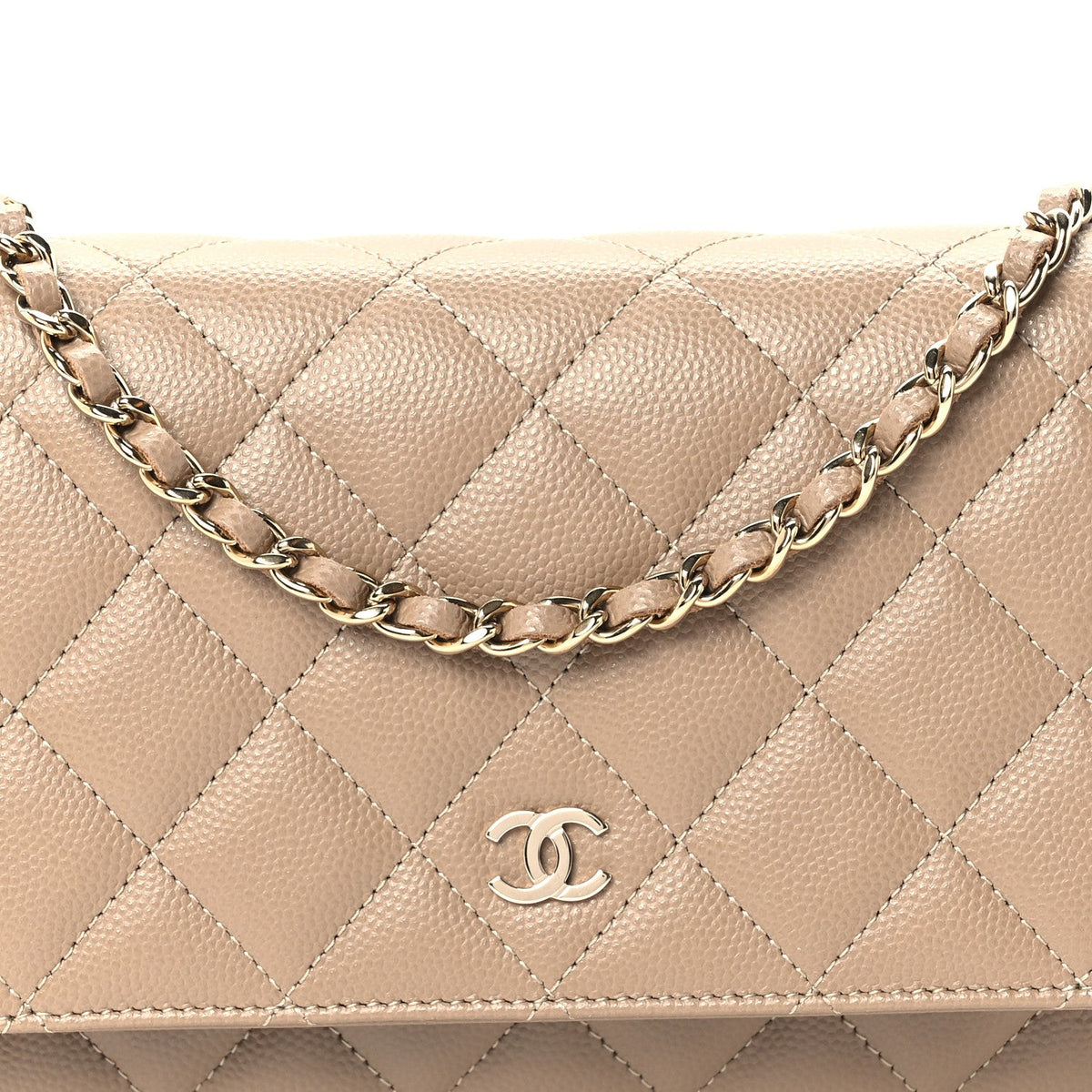 Metallic Caviar Quilted Wallet On Chain WOC Dark Gold