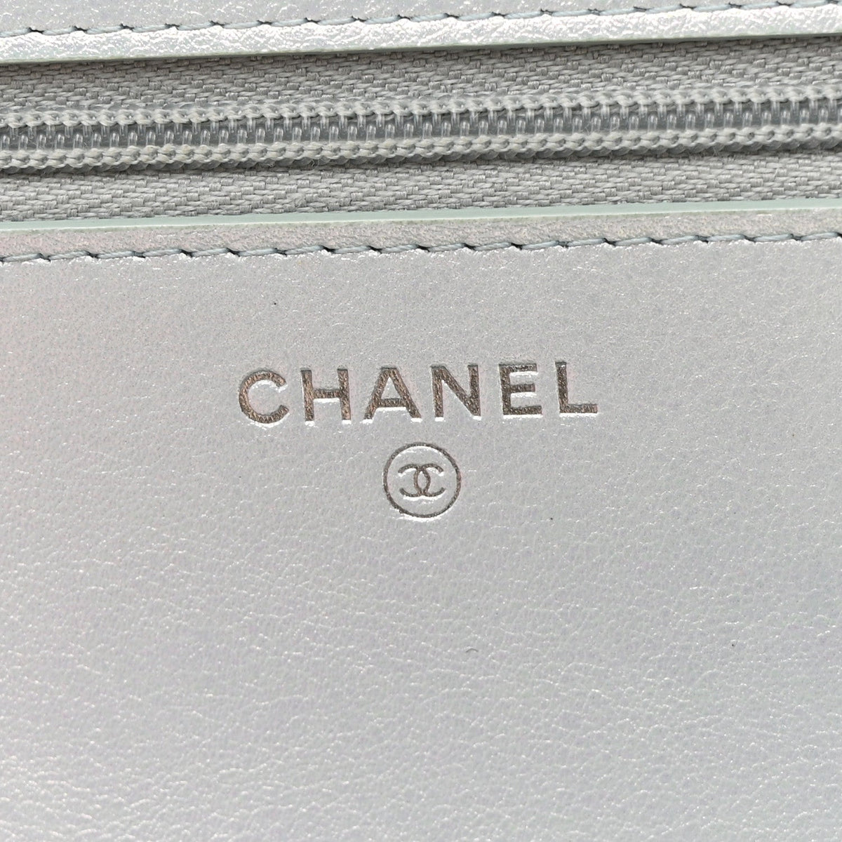Iridescent Calfskin Quilted Wallet On Chain WOC Light Blue