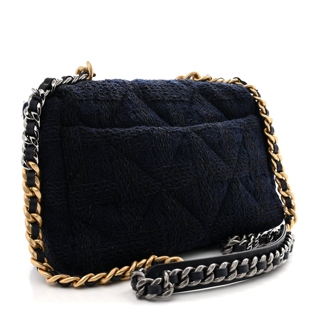 Tweed Quilted Large Chanel 19 Flap Navy Blue