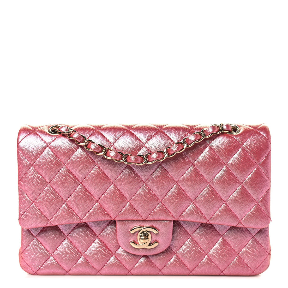Iridescent Caviar Quilted Medium Double Flap Dark Pink