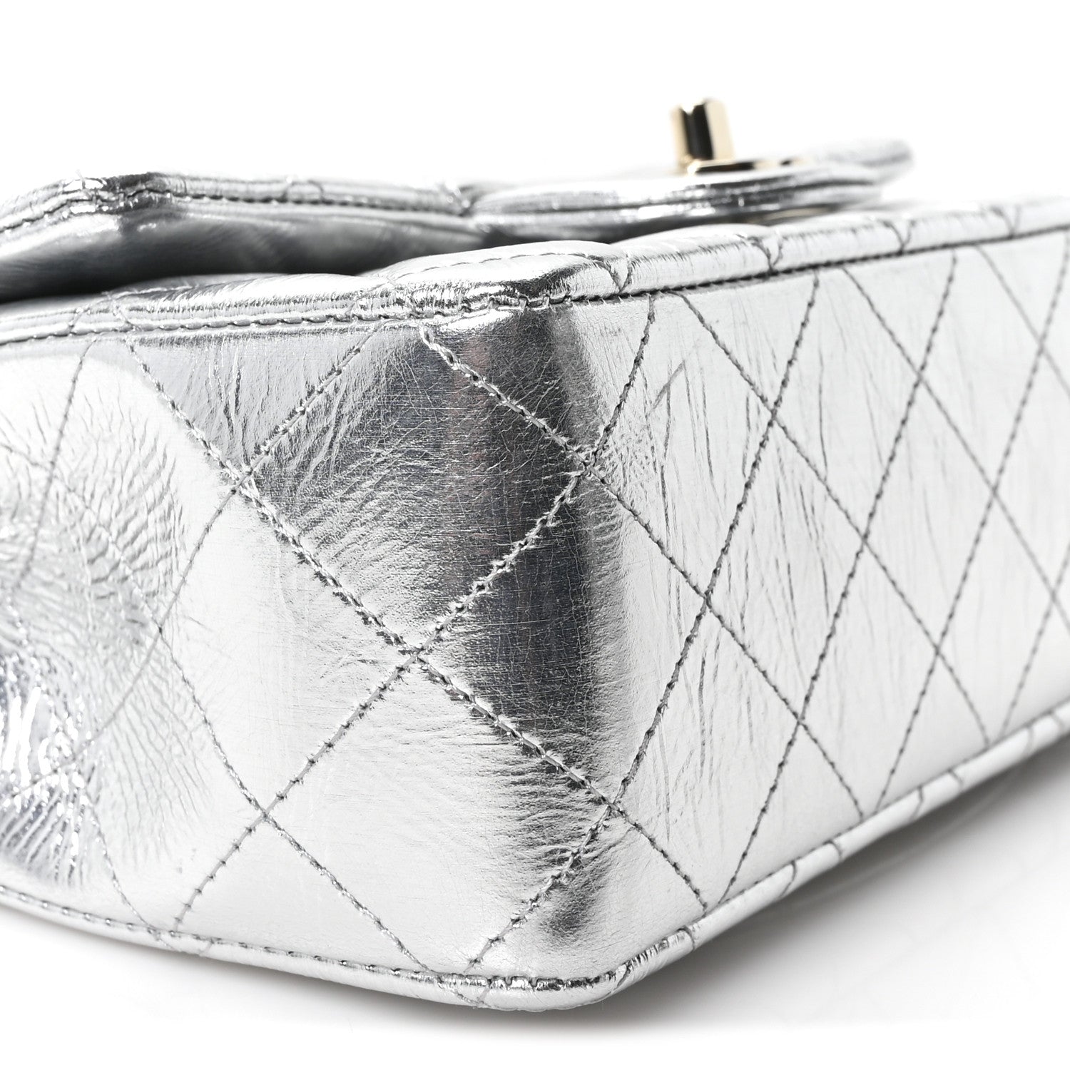 Hammered Metallic Calfskin Quilted Small Double Flap Silver