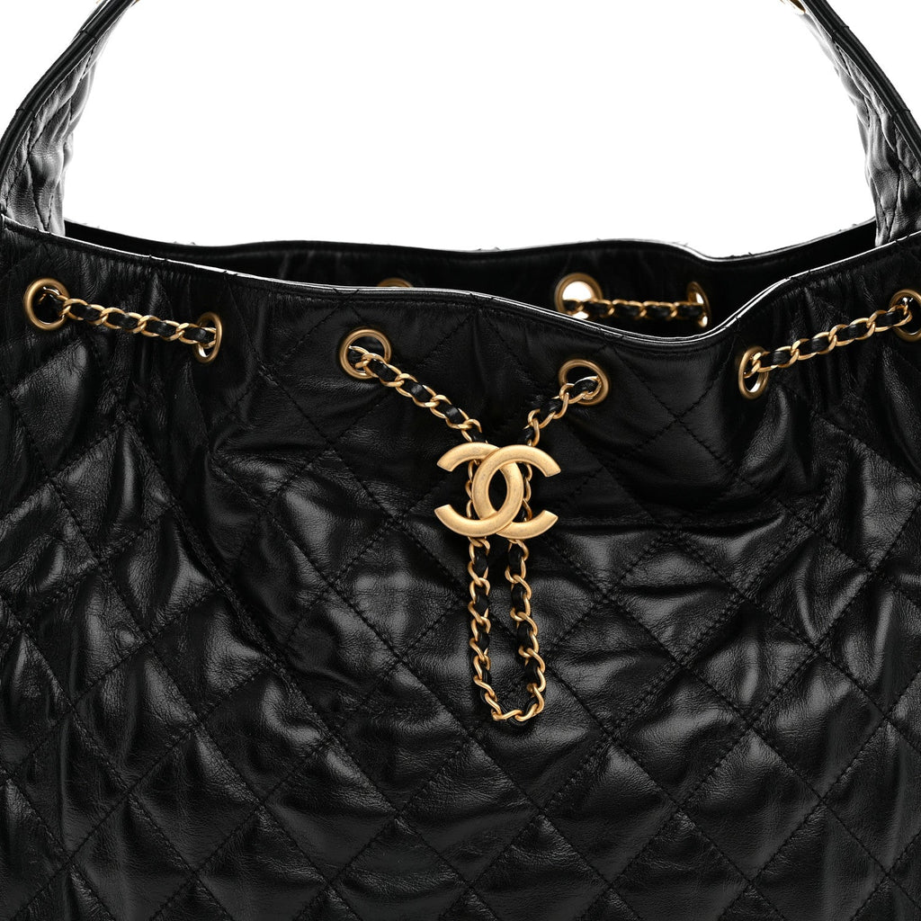 Shiny Crumpled Calfskin Quilted Medium Chanel 25 Handbag Black