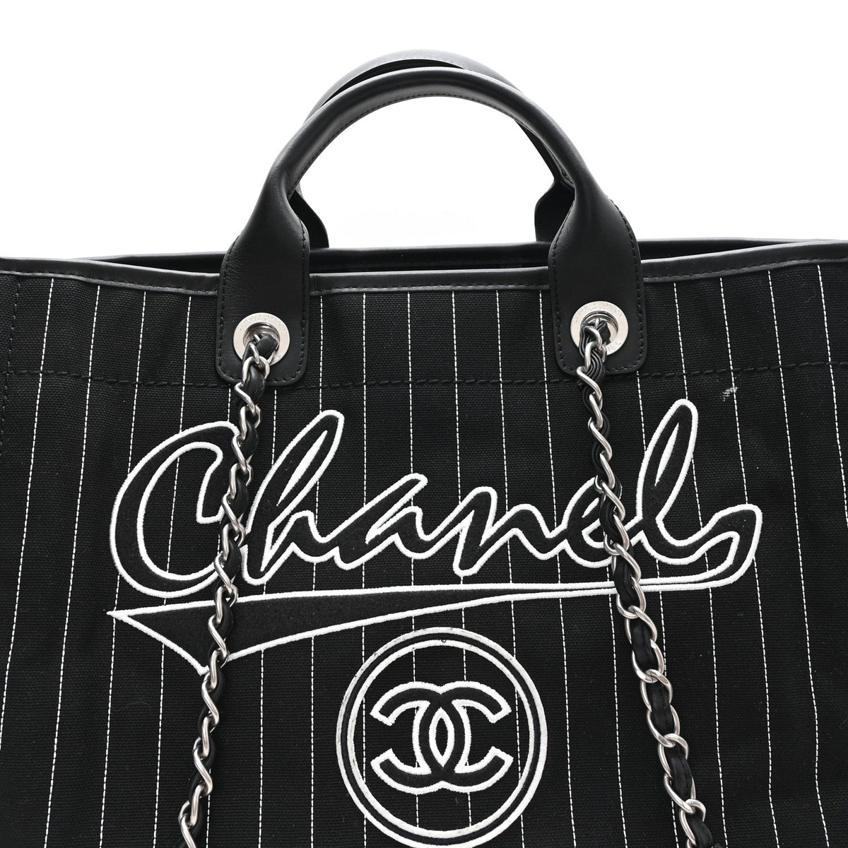 Canvas Calfskin Striped Medium Deauville Tote Black White