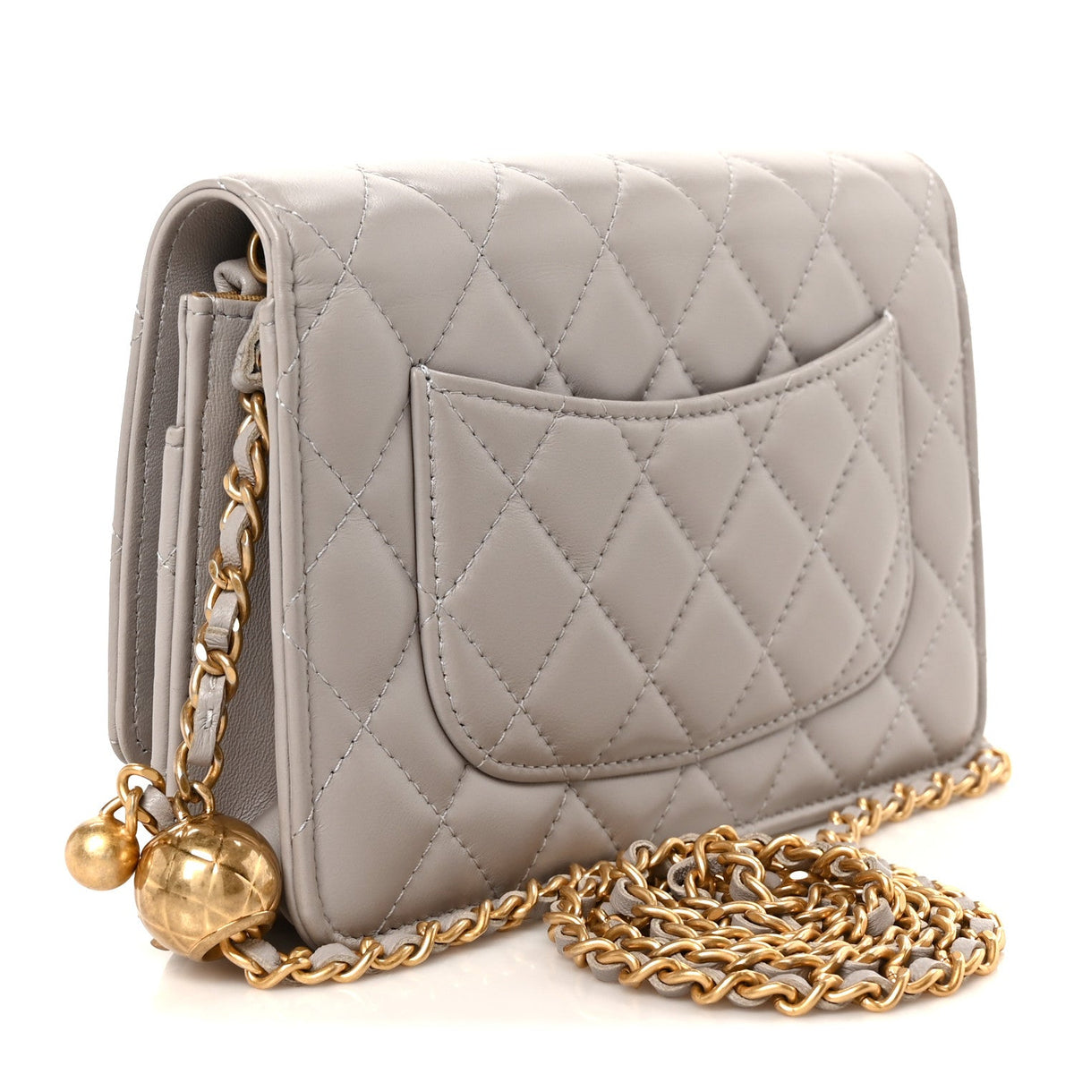 Lambskin Quilted CC Pearl Crush Wallet on Chain WOC Grey