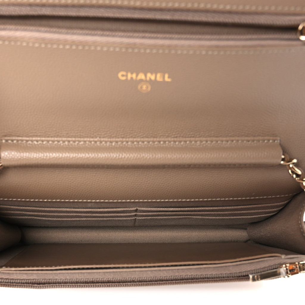 Metallic Caviar Quilted Wallet On Chain WOC Dark Gold