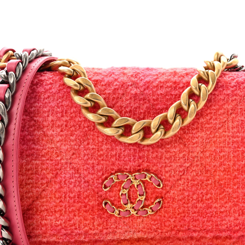 Wool Tweed Lambskin Quilted Chanel 19 Wallet On Chain WOC Coral Pink