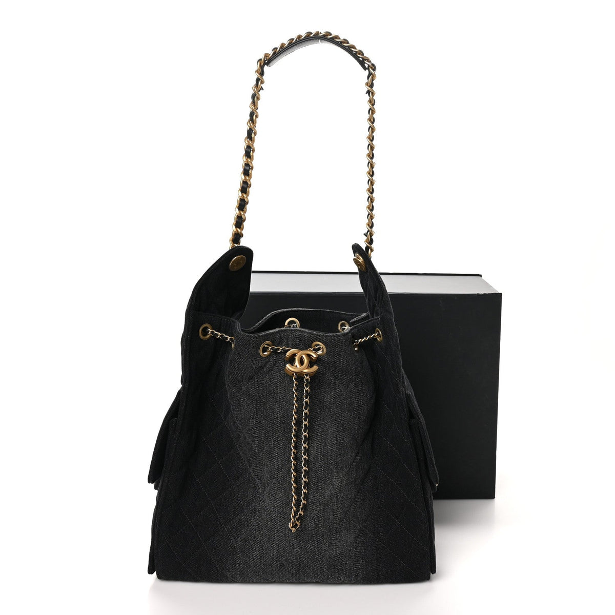 Washed Denim Quilted Medium Chanel 25 Handbag Black