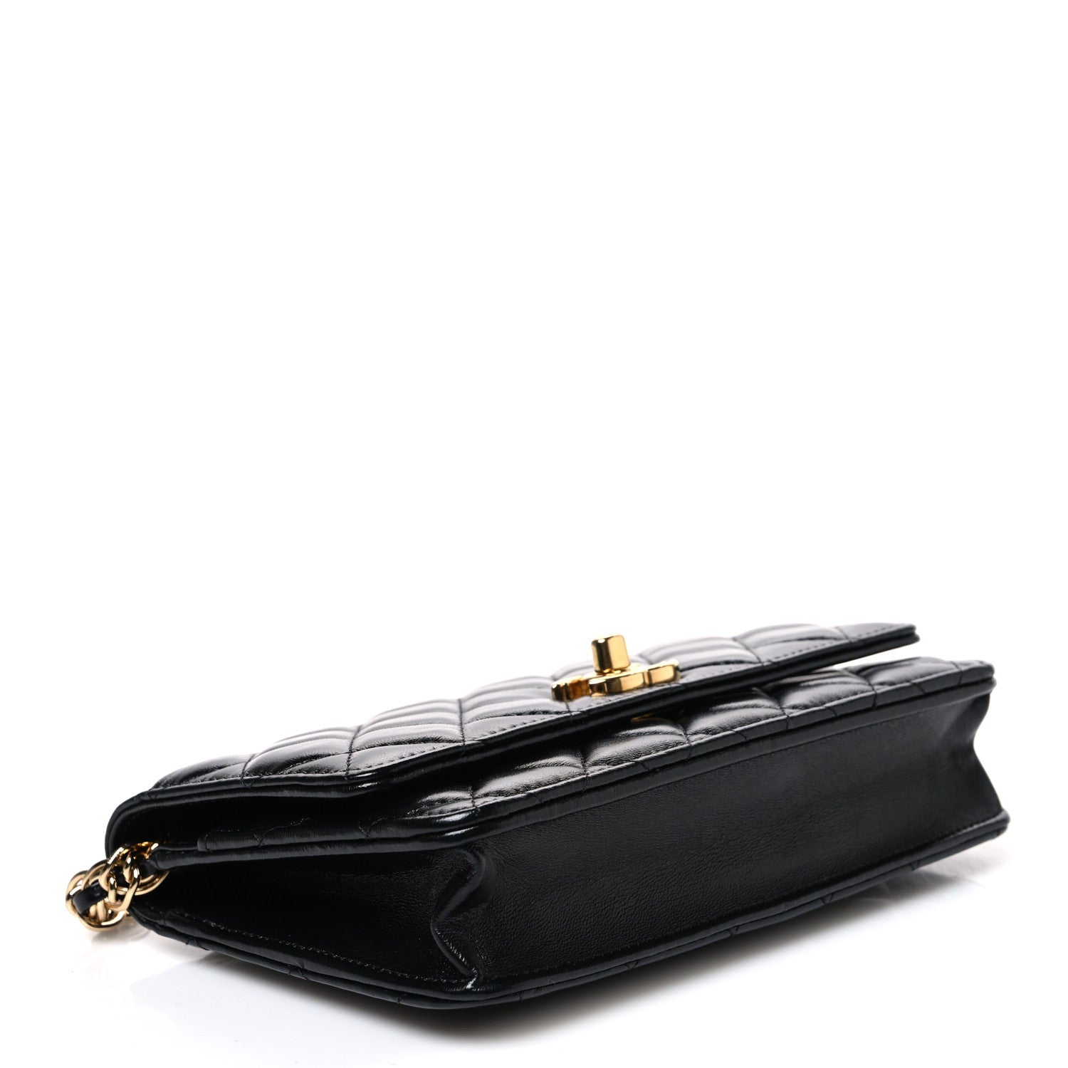 Shiny Lambskin Quilted Golden Links Wallet On Chain WOC Black