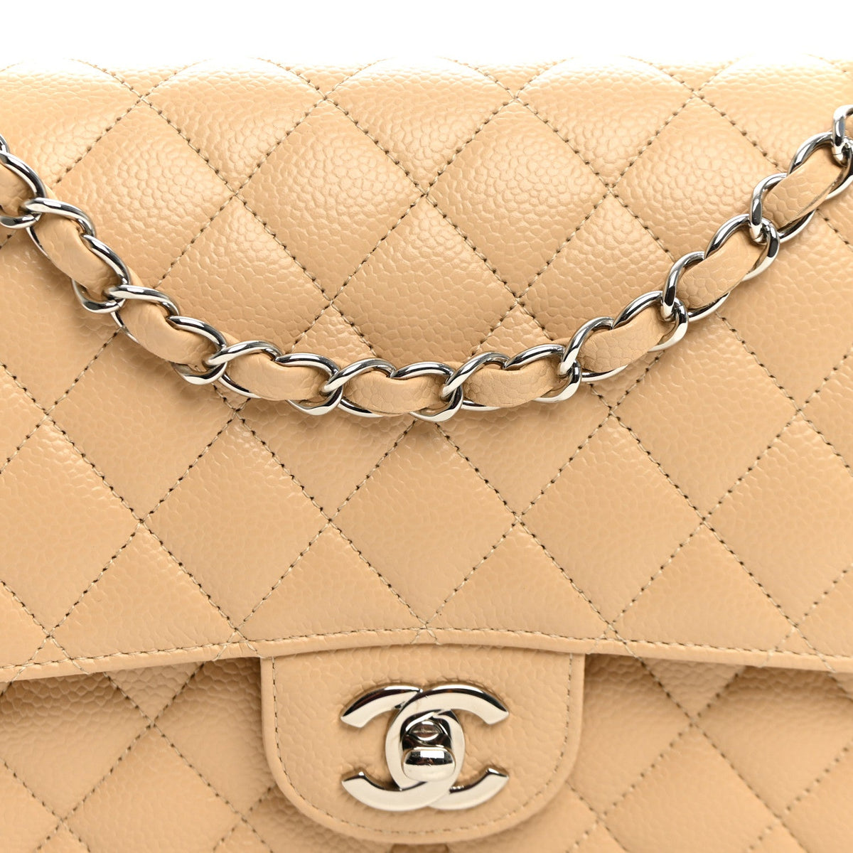 Caviar Quilted Medium Double Flap Beige