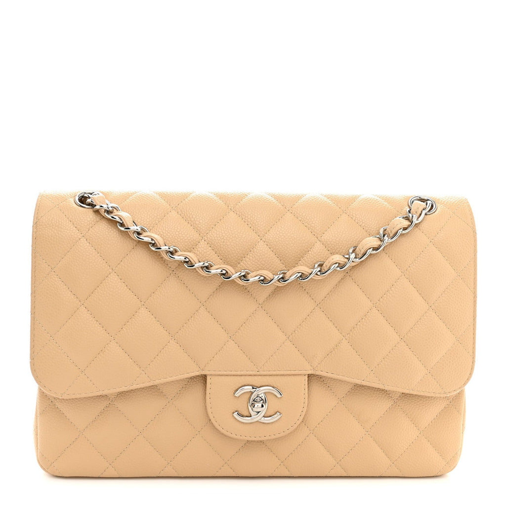 Caviar Quilted Jumbo Double Flap Light Beige