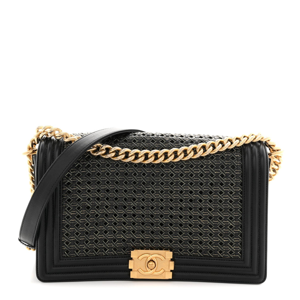 Lambskin Braided Woven Medium Boy Flap Navy Black