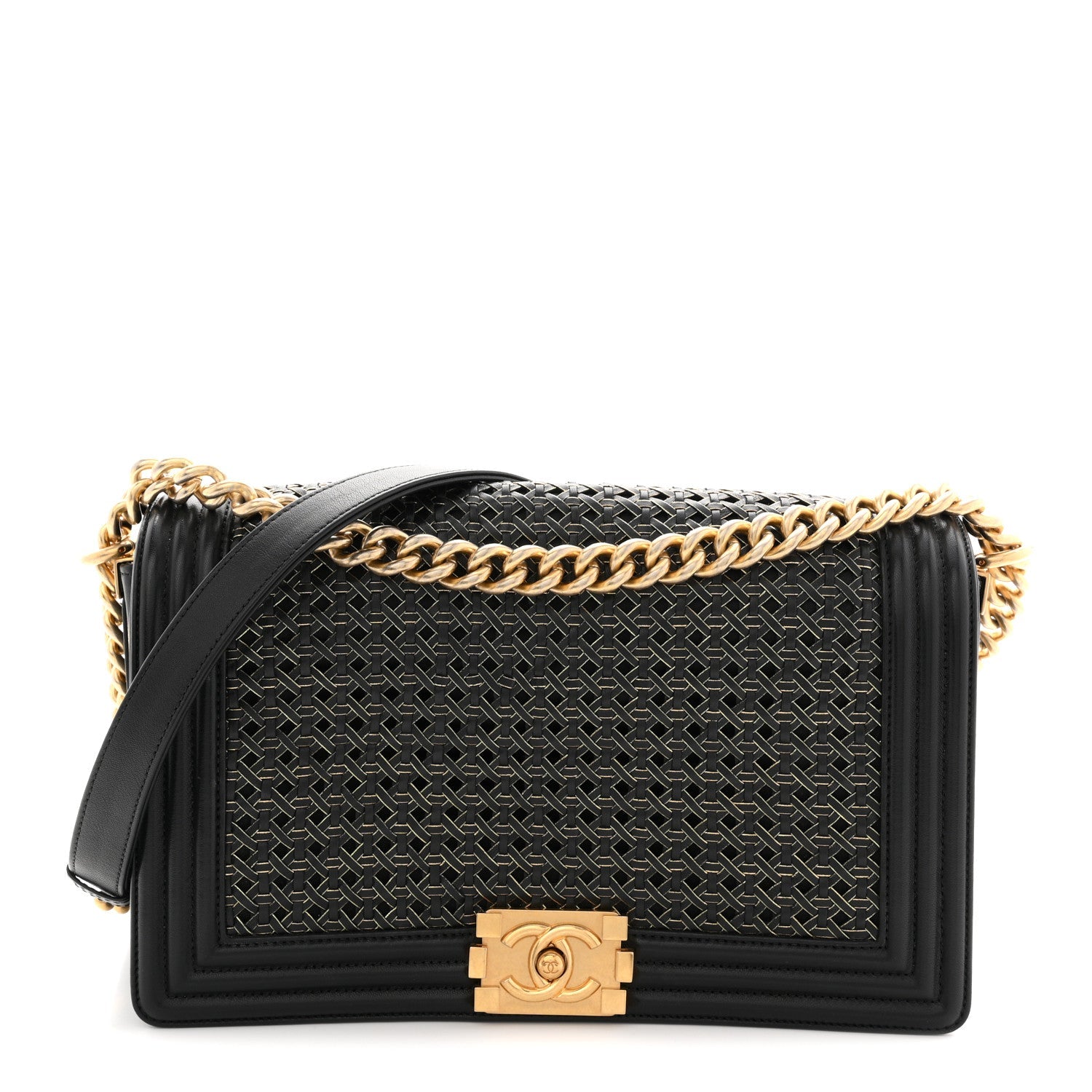 Lambskin Braided Woven Medium Boy Flap Navy Black