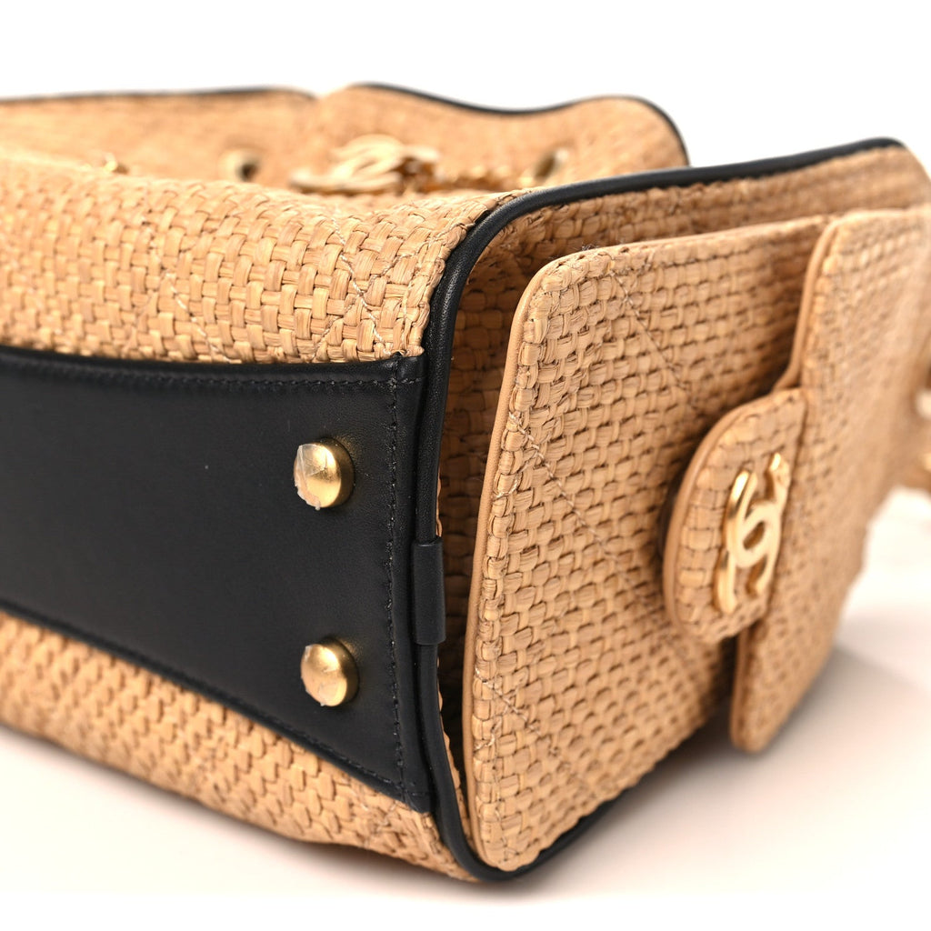 Braided Raffia Calfskin Quilted Mini Chanel 25 Handbag Beige Black