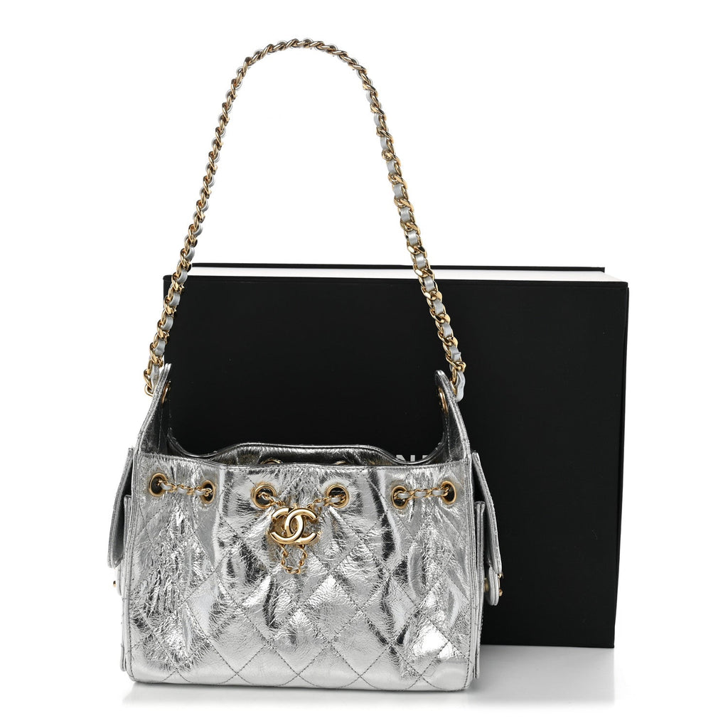 Metallic Aged Calfskin Quilted Mini Chanel 25 Handbag Silver