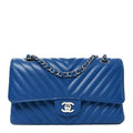 Caviar Chevron Quilted Medium Double Flap Blue