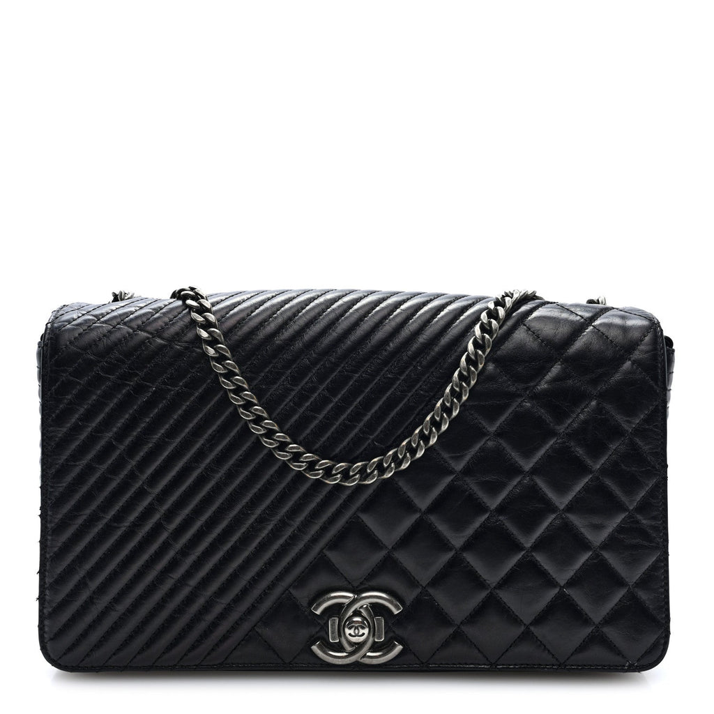 Glazed Calfskin Quilted Large Coco Boy Flap Black