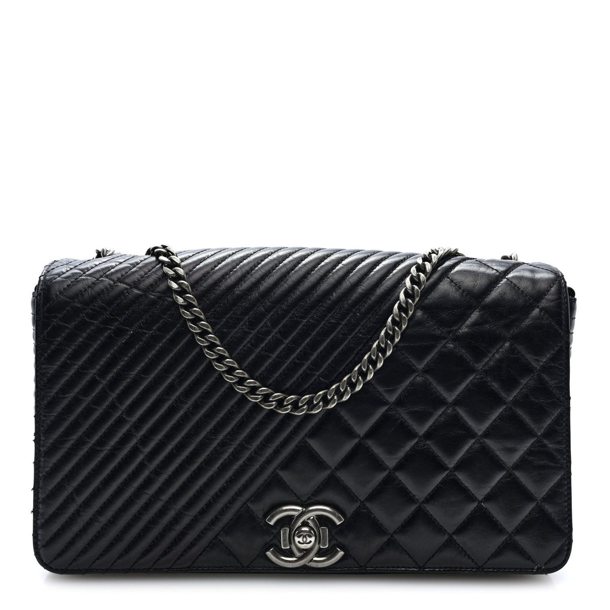 Glazed Calfskin Quilted Large Coco Boy Flap Black