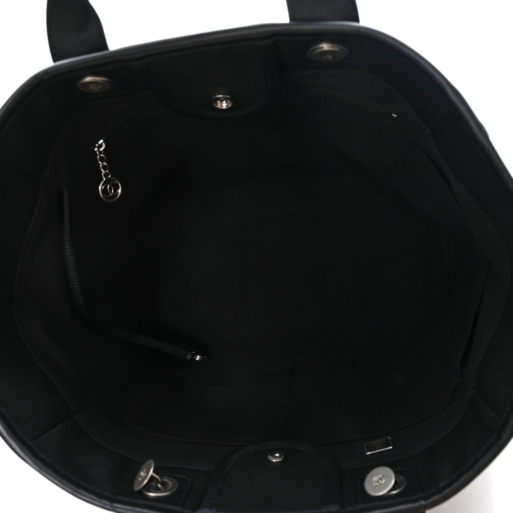 Canvas Calfskin Striped Medium Deauville Tote Black White