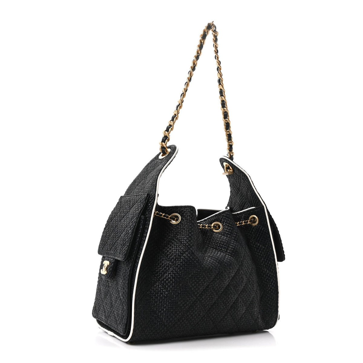Braided Raffia Calfskin Quilted Small Chanel 25 Handbag Black White