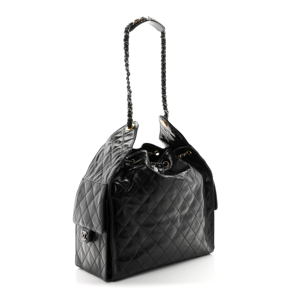 Shiny Crumpled Calfskin Quilted Medium Chanel 25 Handbag Black