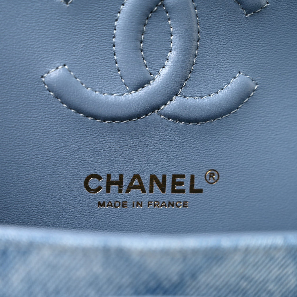 Printed Denim Quilted Small Double Flap Light Blue