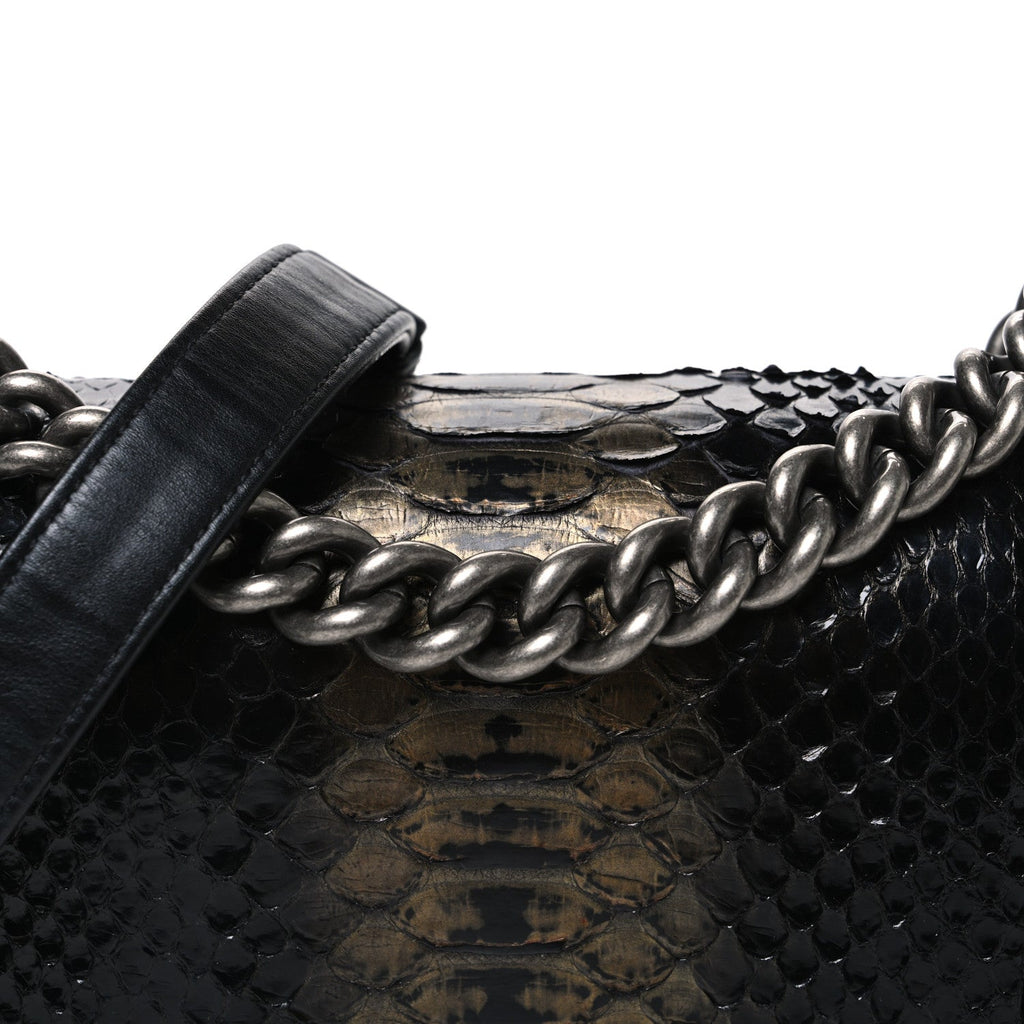 Patent Calfskin Snakeskin Small Boy Flap Black Silver