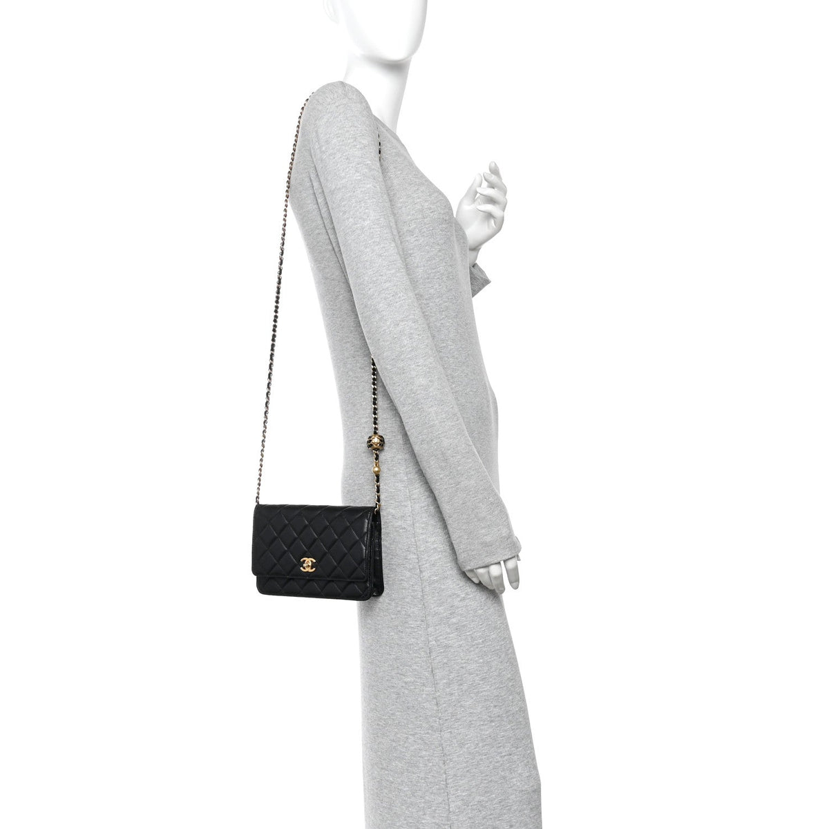 Lambskin Quilted CC Pearl Crush Wallet on Chain WOC Black
