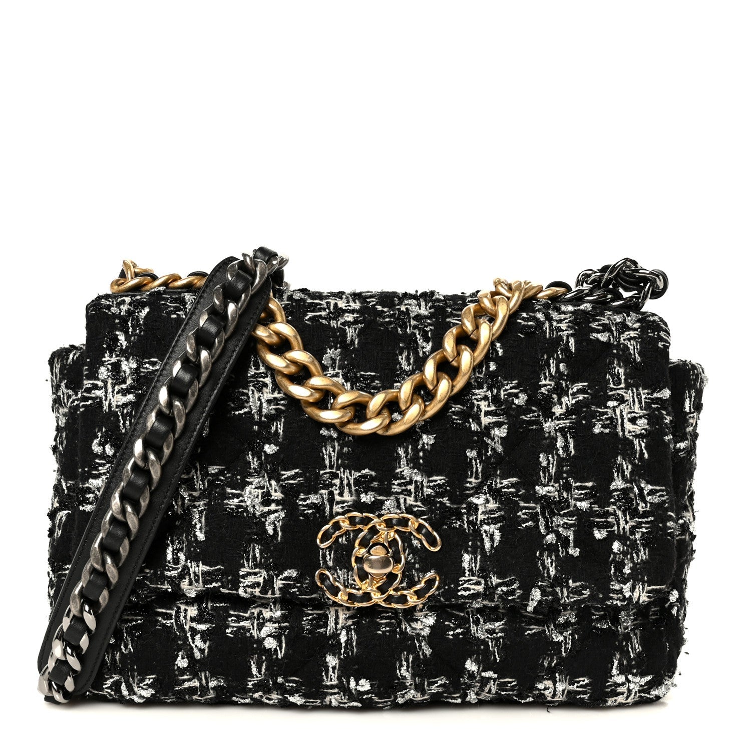 Tweed Quilted Medium Chanel 19 Flap Black Silver Ecru