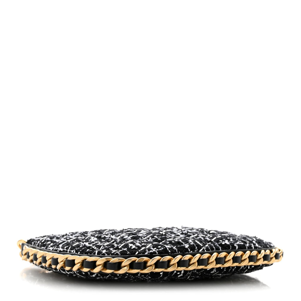 Tweed Sequin Quilted Trendy Chain Around Hobo Black White
