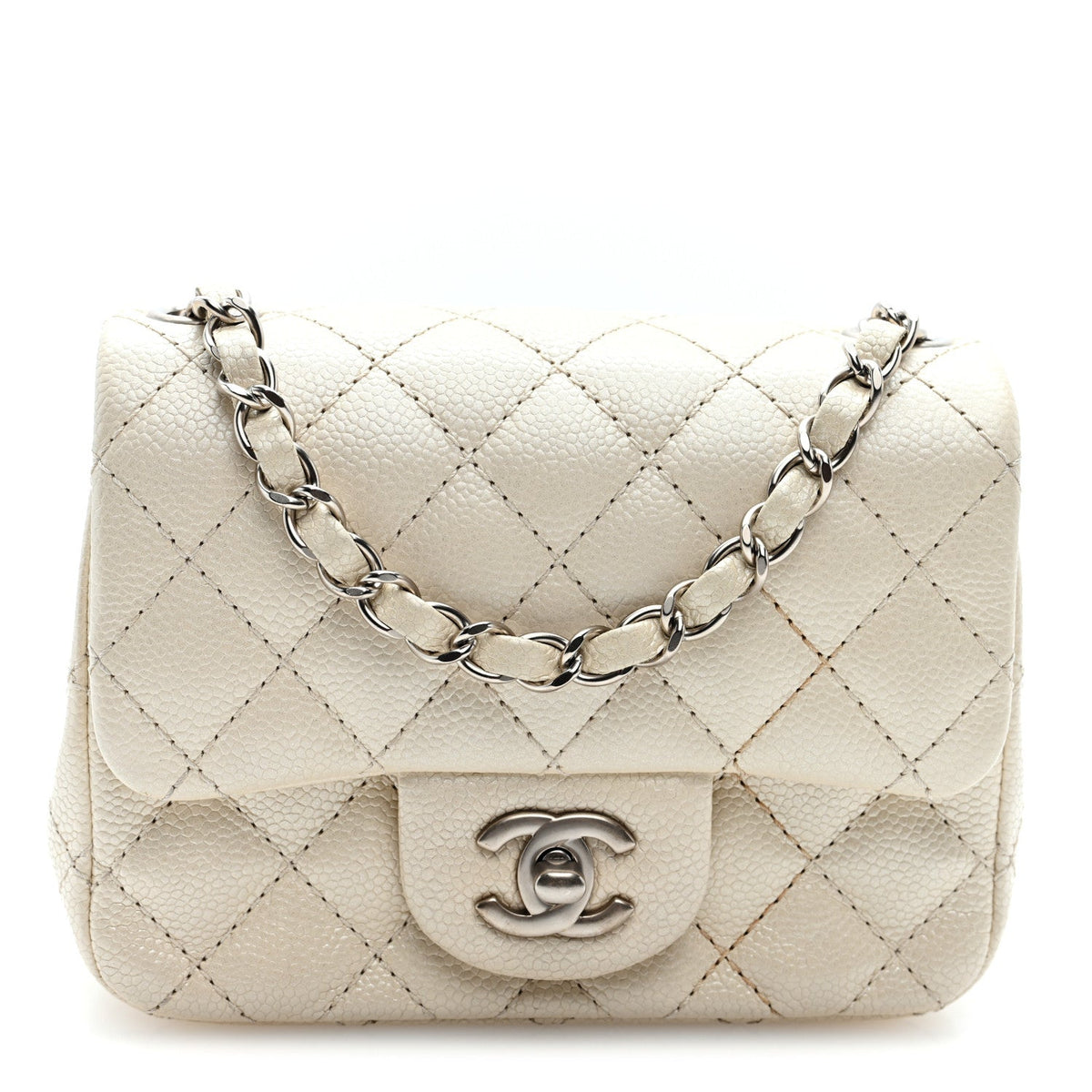 Iridescent Caviar Quilted Mini Square Flap White