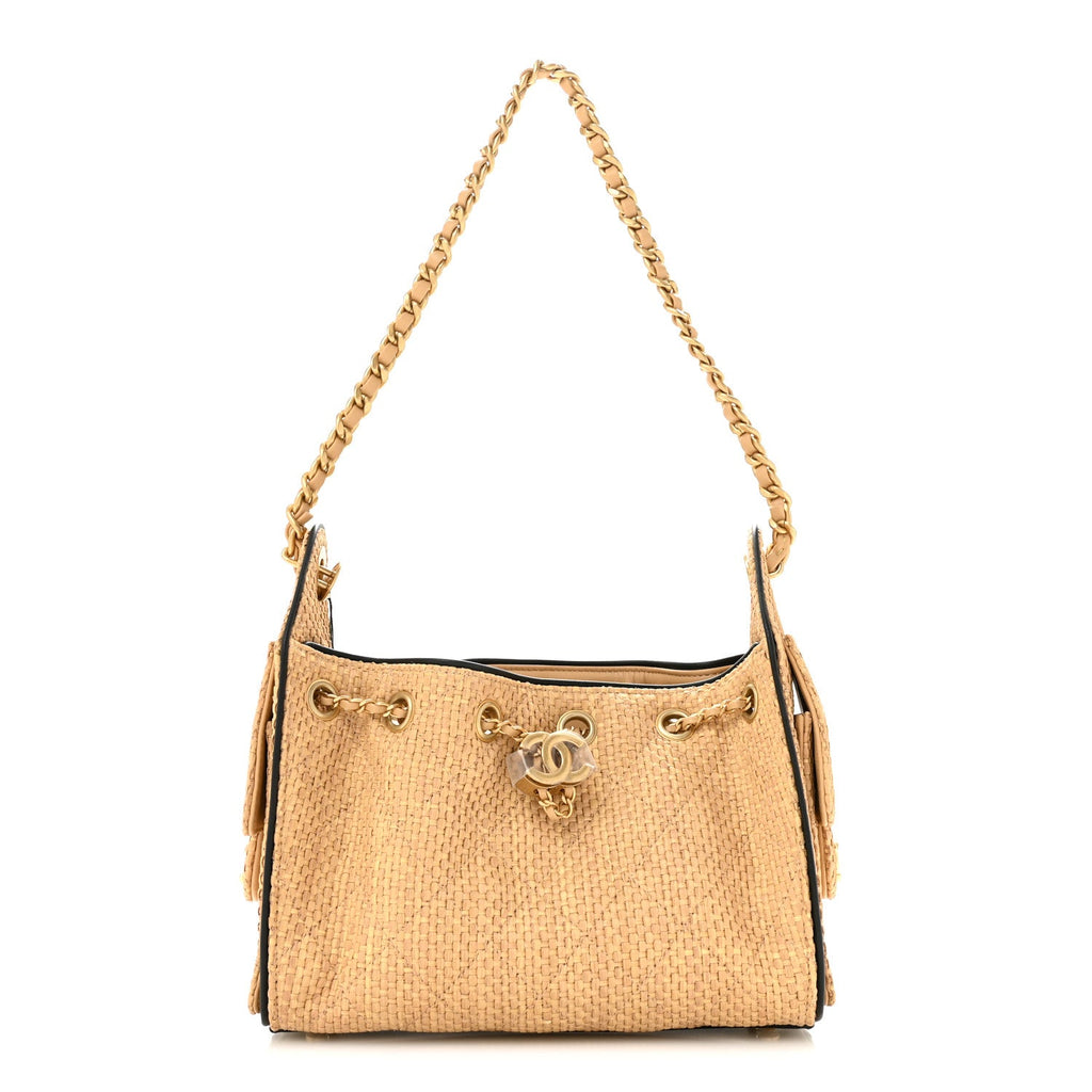 Braided Raffia Calfskin Quilted Mini Chanel 25 Handbag Beige Black