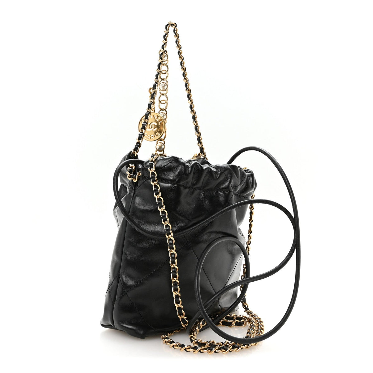 Shiny Calfskin Quilted Pearl CC Chain Mini Chanel 22 Black