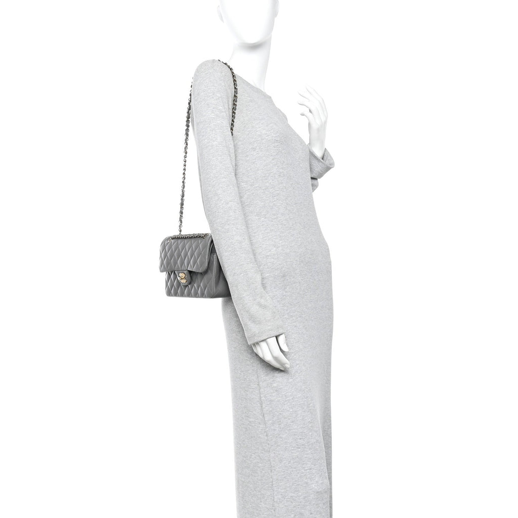 Lambskin Quilted Small Double Flap Grey