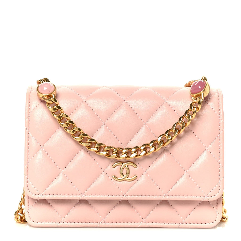 Lambskin Quilted CC Pearl Enamel Clutch on Chain WOC Light Pink