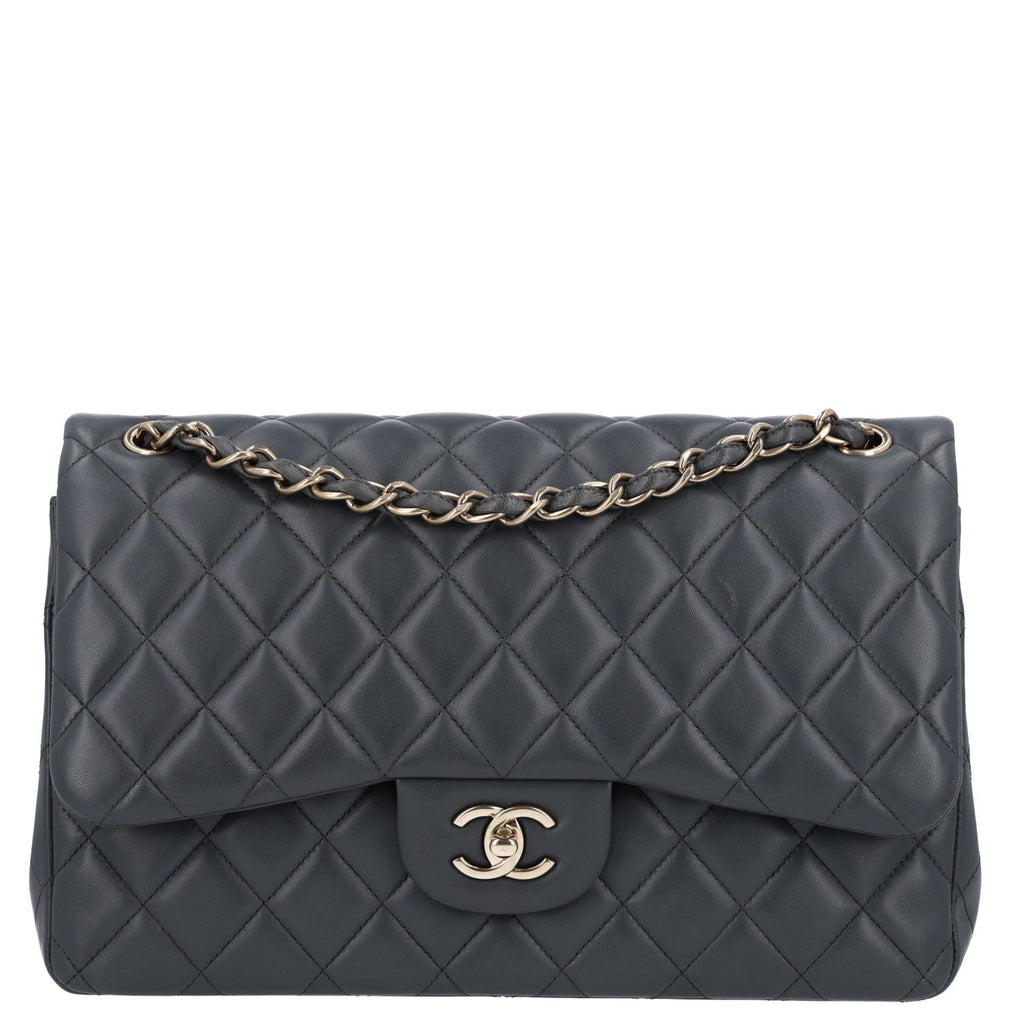 Lambskin Quilted Jumbo Double Flap Dark Grey