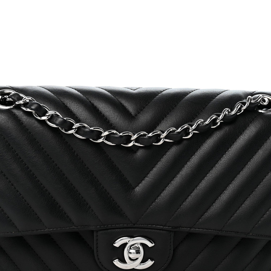 Lambskin Chevron Quilted Medium Double Flap Black