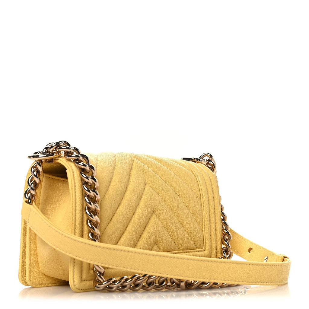 Caviar Chevron Quilted Small Boy Flap Yellow