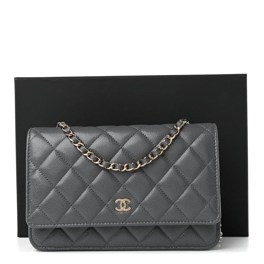 Caviar Quilted Wallet on Chain WOC Grey