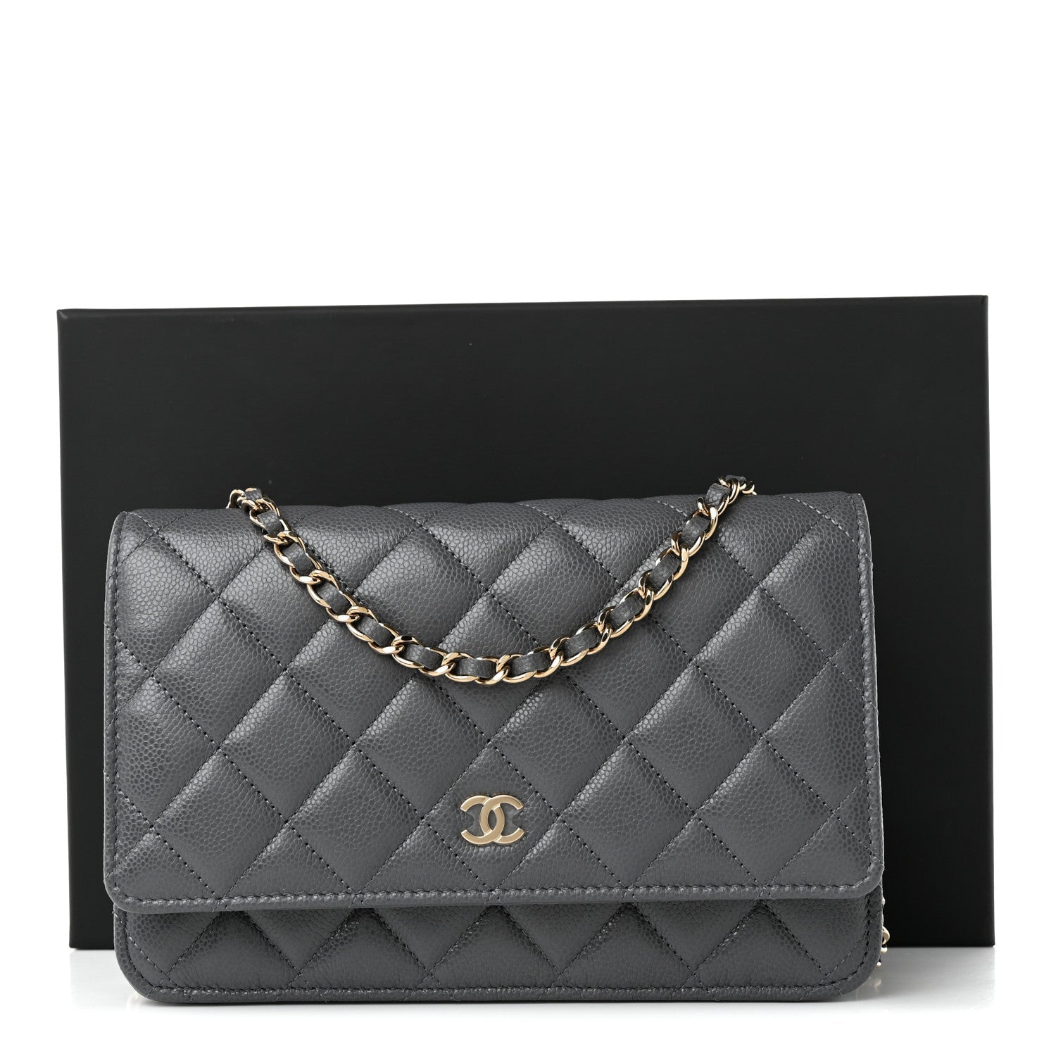Caviar Quilted Wallet on Chain WOC Grey