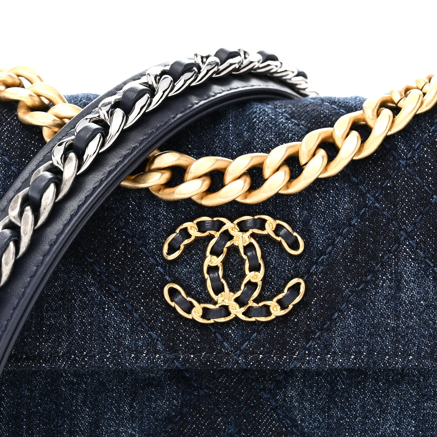 Denim Quilted Chanel 19 Flap Phone Holder With Chain Blue